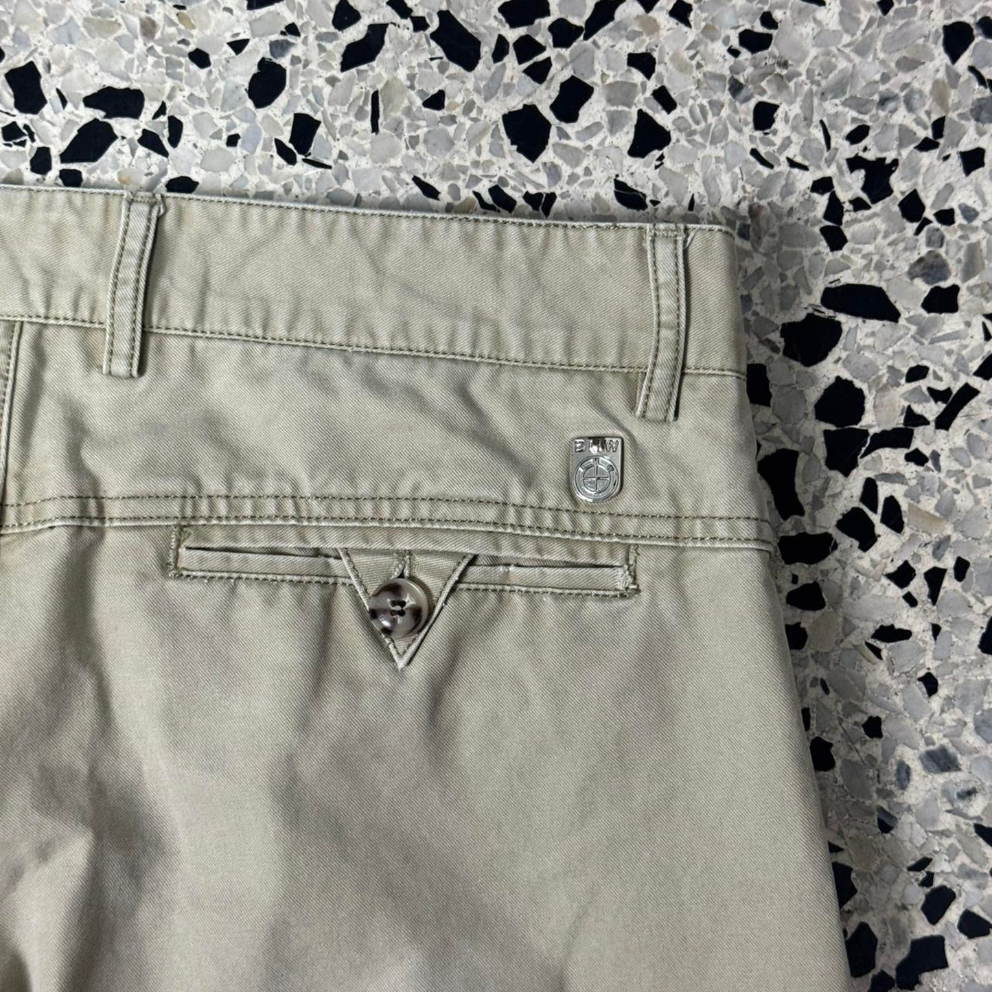 VINTAGE Y2K BMW BRANDED KHAKI BEIGE WORK PANTS W/ METAL BMW EMBLEM: