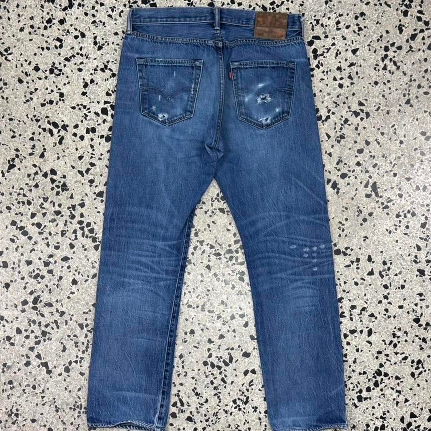 VINTAGE Y2K LEVIS 501 MADE IN USA WHITE OAK REPAIRED SELVEDGE DENIM JEANS: