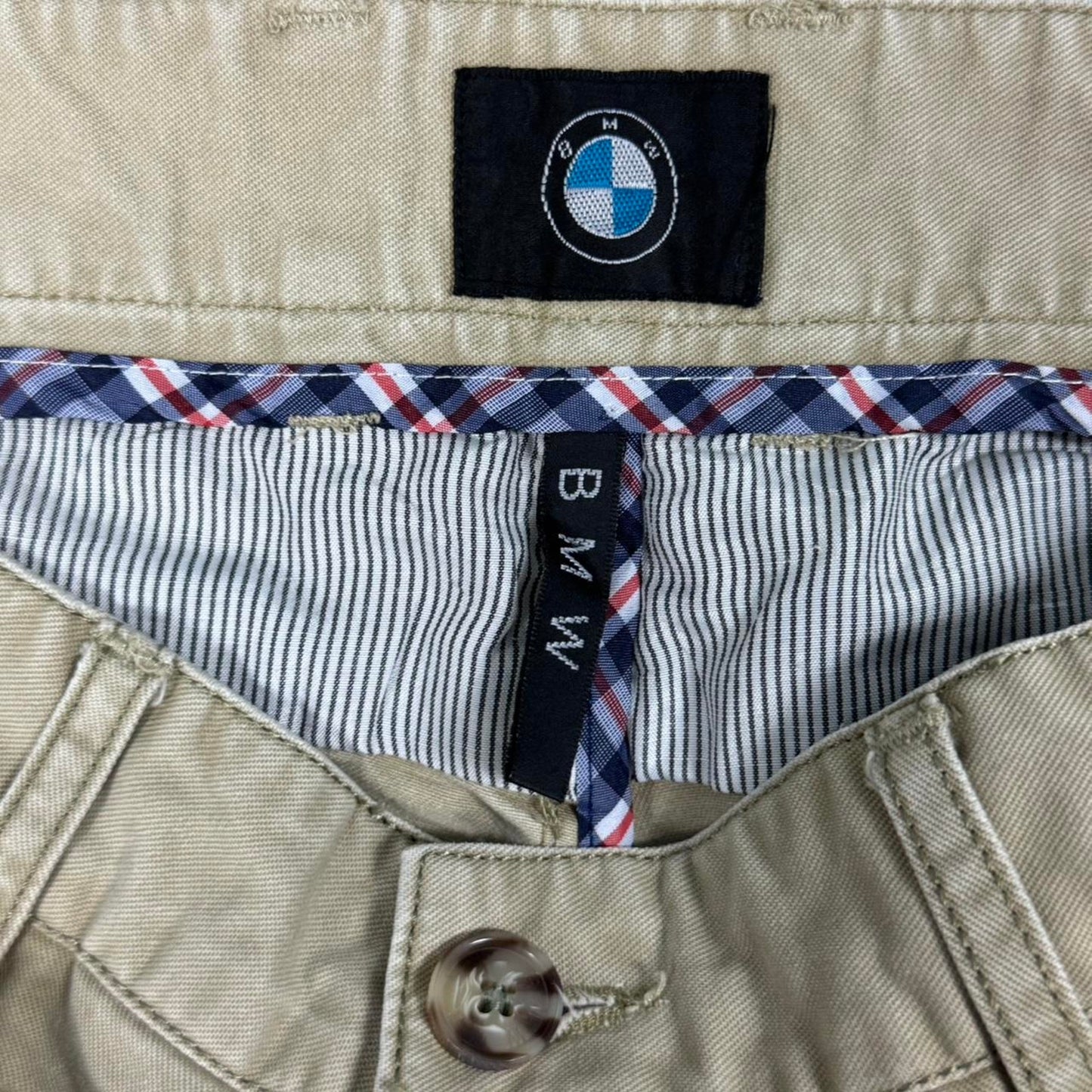 VINTAGE Y2K BMW BRANDED KHAKI BEIGE WORK PANTS W/ METAL BMW EMBLEM: