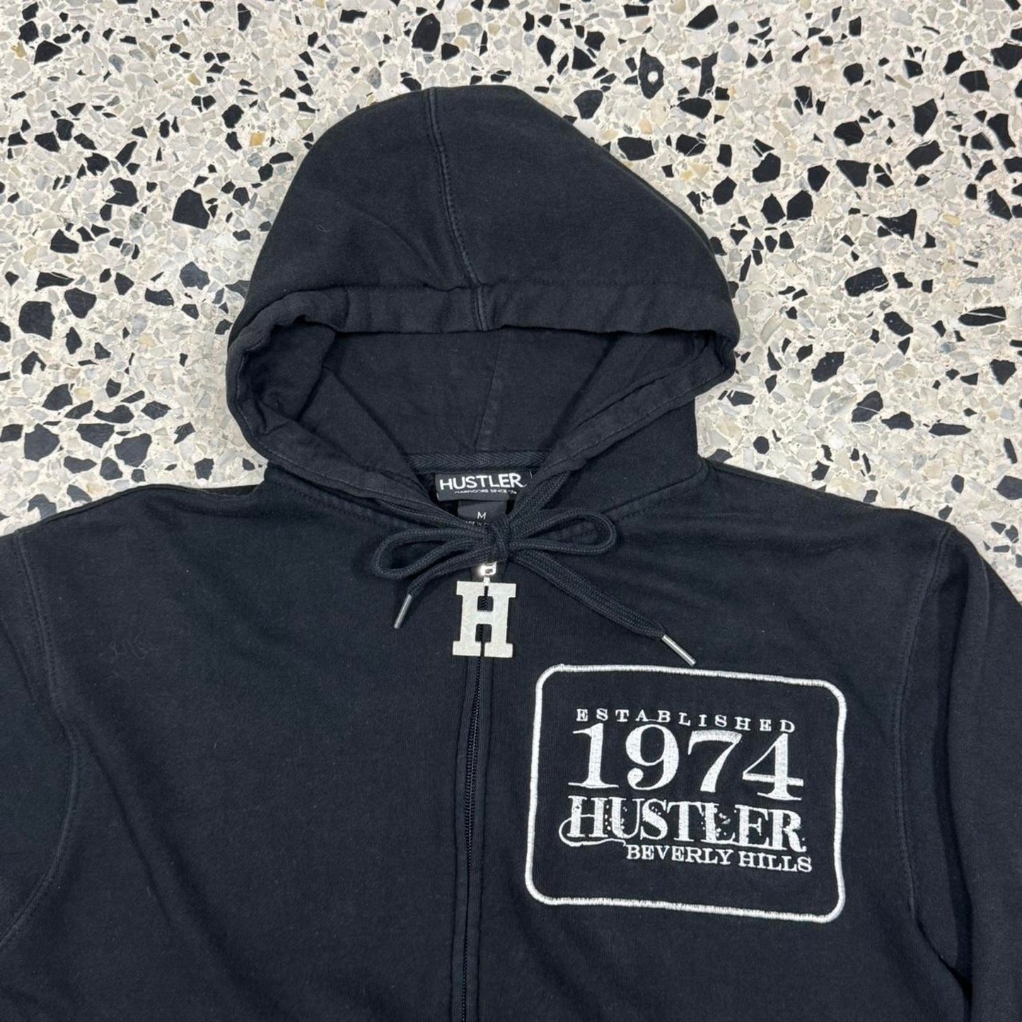 VINTAGE Y2K HUSTLER MAGAZINE EMBROIDERED ZIP UP PROMO HOODIE: