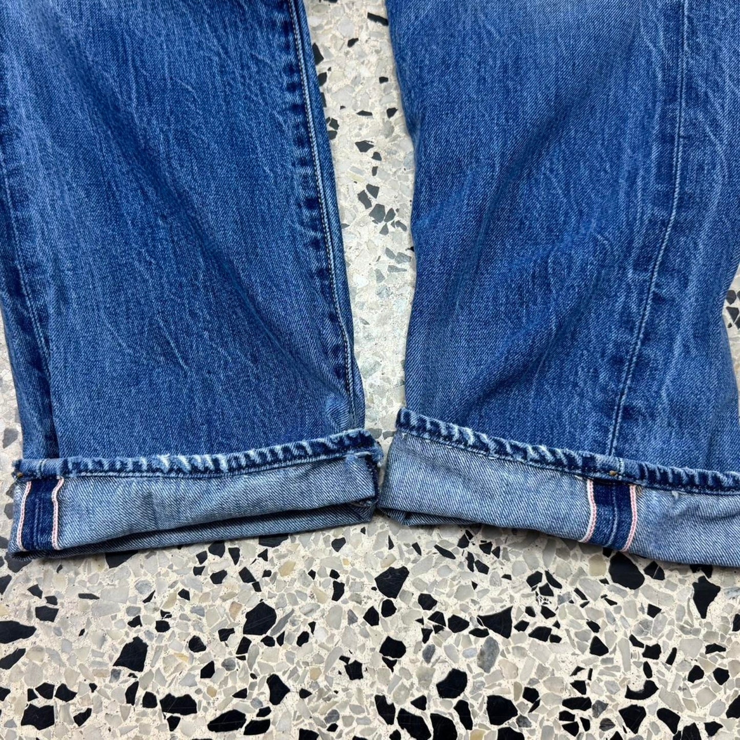 VINTAGE Y2K LEVIS 501 MADE IN USA WHITE OAK REPAIRED SELVEDGE DENIM JEANS: