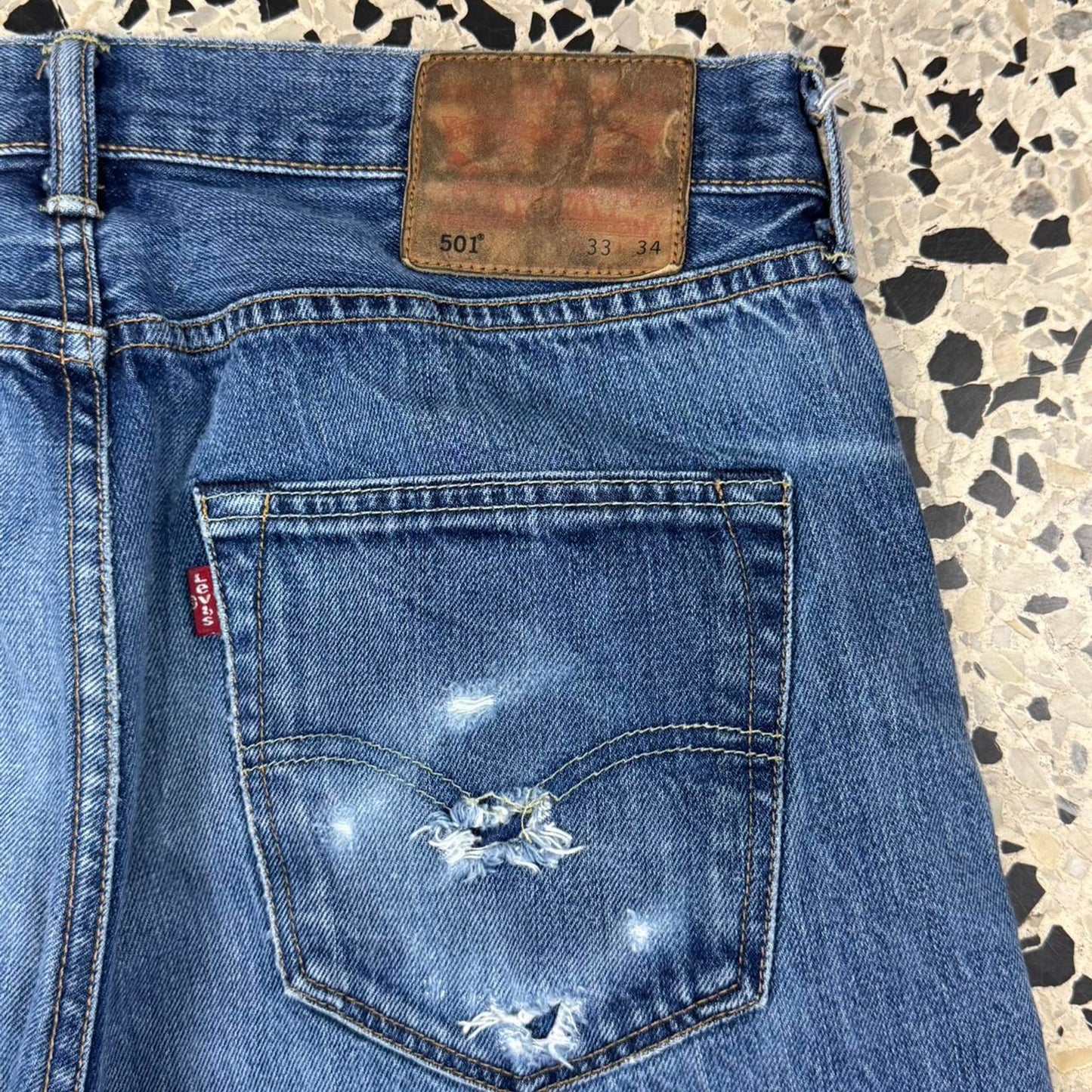 VINTAGE Y2K LEVIS 501 MADE IN USA WHITE OAK REPAIRED SELVEDGE DENIM JEANS: