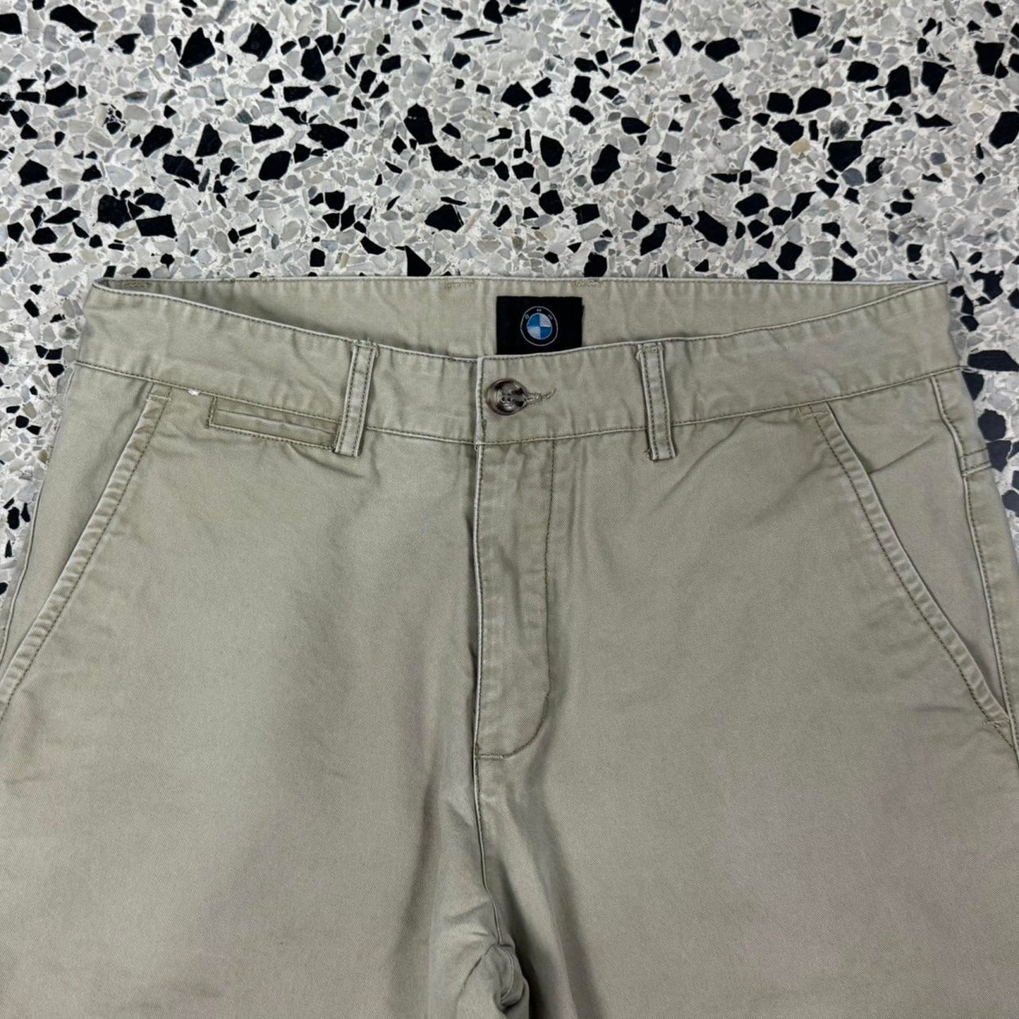 VINTAGE Y2K BMW BRANDED KHAKI BEIGE WORK PANTS W/ METAL BMW EMBLEM: