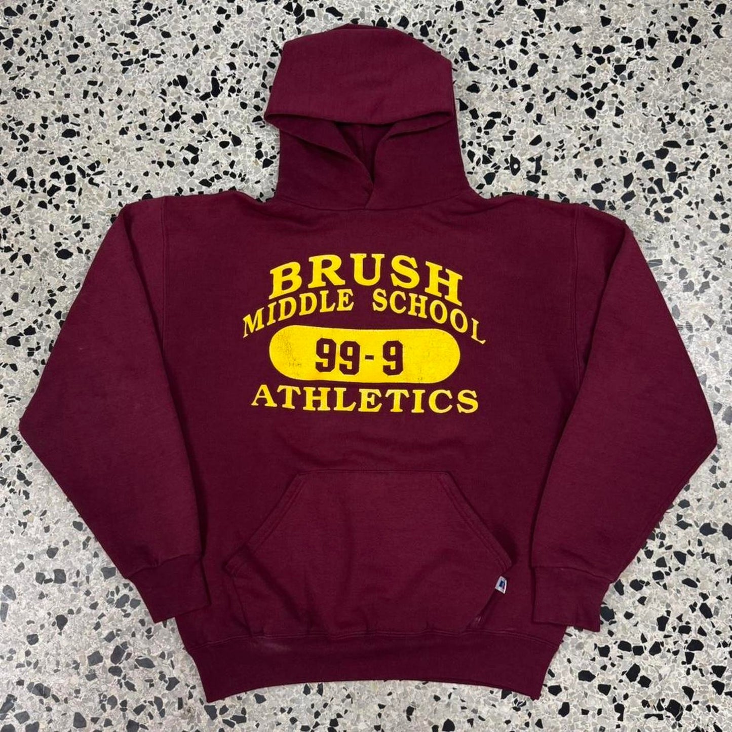 VINTAGE Y2K RUSSELL ATHLETIC BRUSH MIDDLE SCHOOL ATHLETICS 99-9 HOODIE: