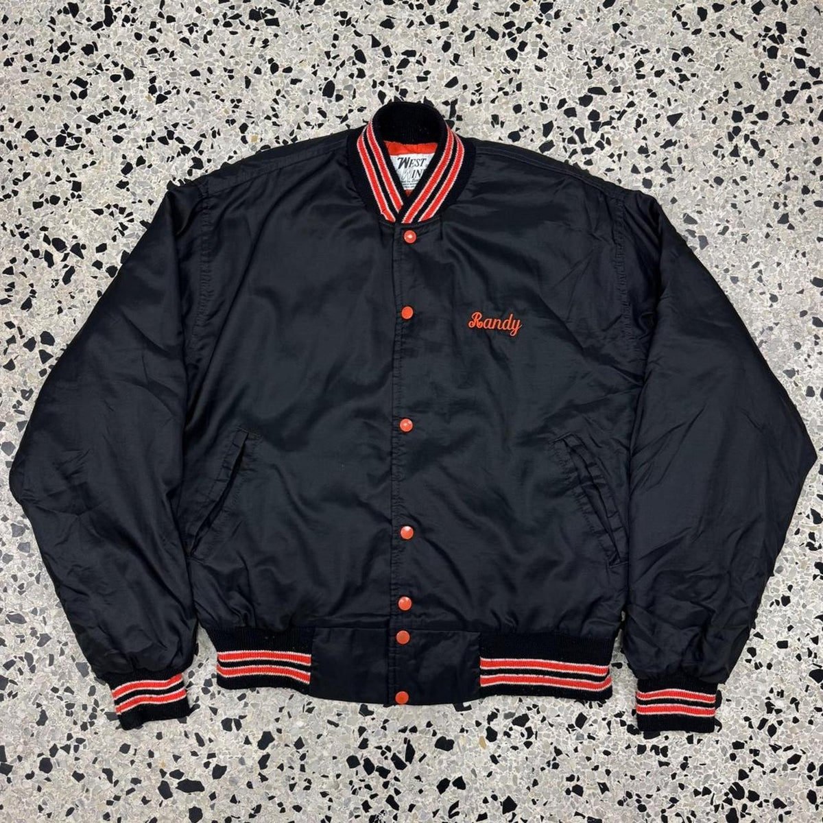 VINTAGE 80S WEST WIND OKLAHOMA STATE UNIVERSITY FORESTRY CLUB NYLON VARSITY JACKET: