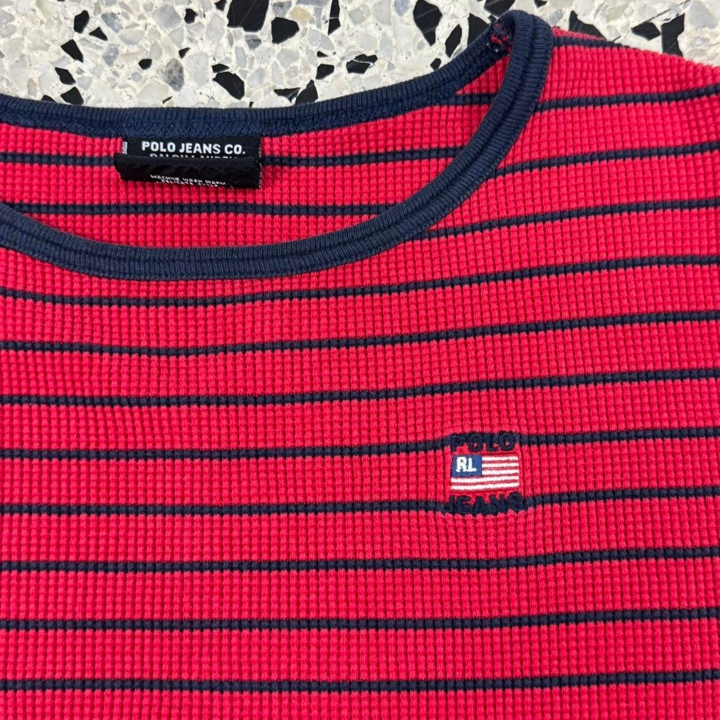 VINTAGE 90S Y2K POLO JEANS CO. RALPH LAUREN RED AND NAVY STRIPED LONGSLEEVE: