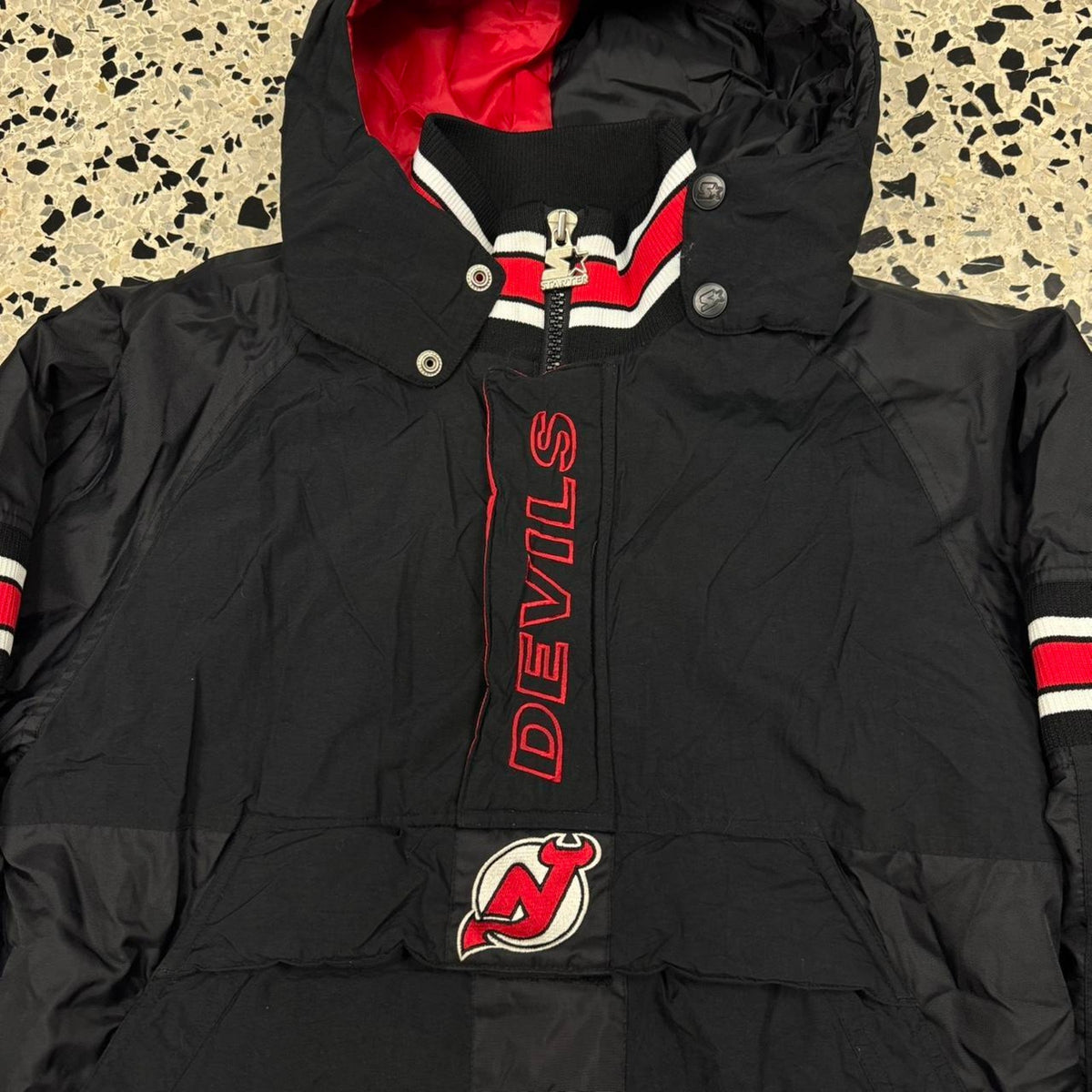 VINTAGE 90S NEW JERSEY DEVILS STARTER PULLOVER ANORAK KIDS L HOODED JACKET: