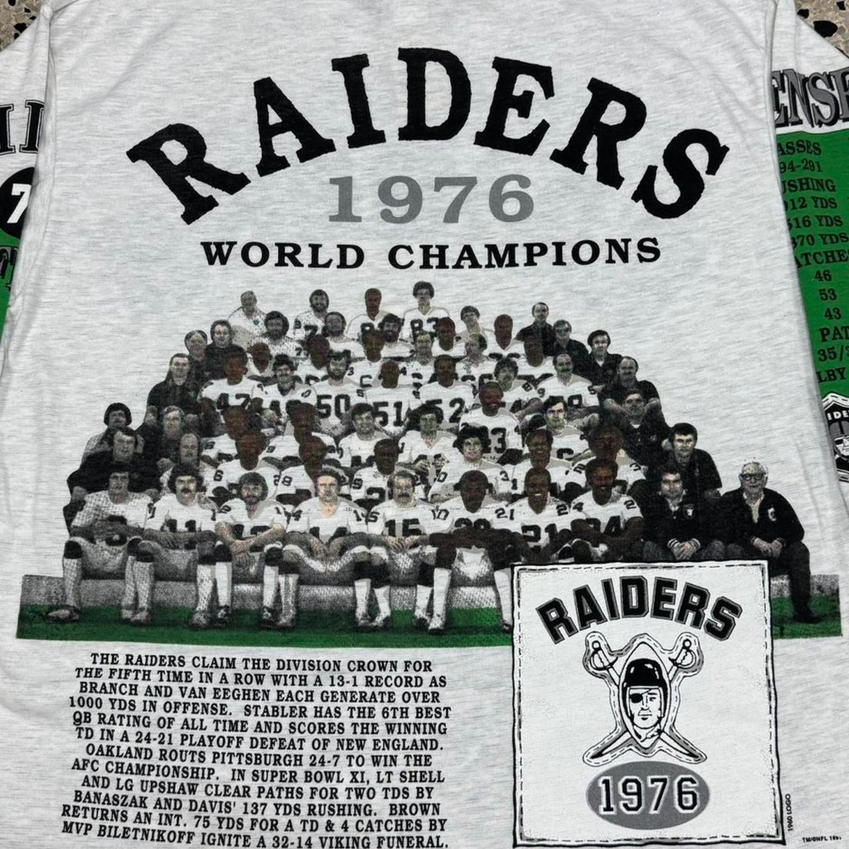 VINTAGE 90S SINGLE STITCH BNWT NOS LONG GONE RAIDERS AOP ¾ SLEEVE TEE: