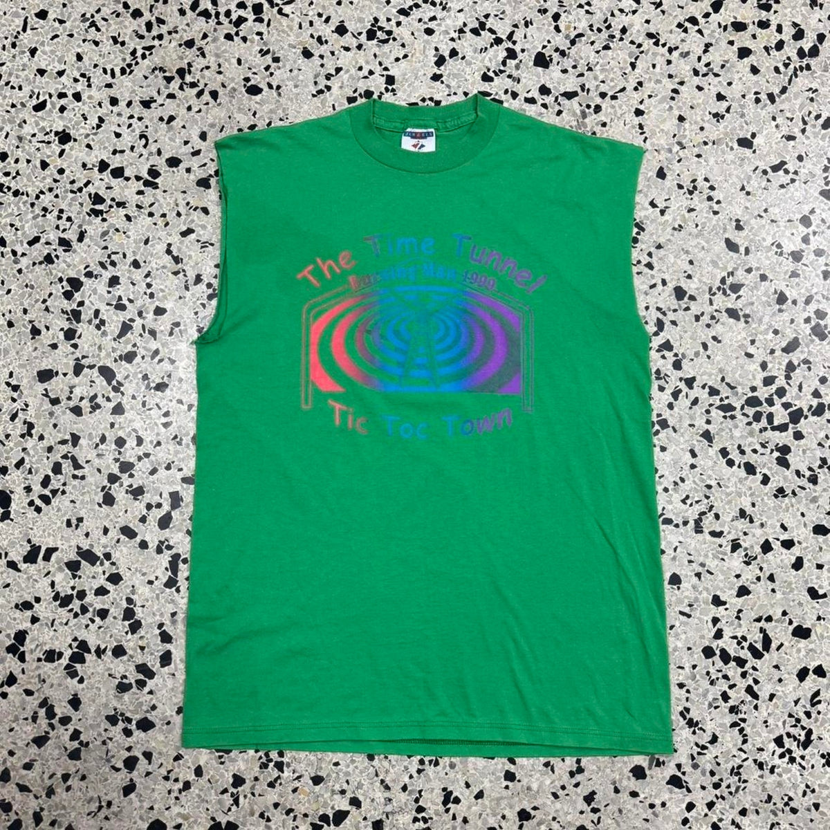VINTAGE 90S 1999 BURNING MAN THE TIME TUNNEL TIC TOC TOWN FESTIVAL CUT OFF TEE: