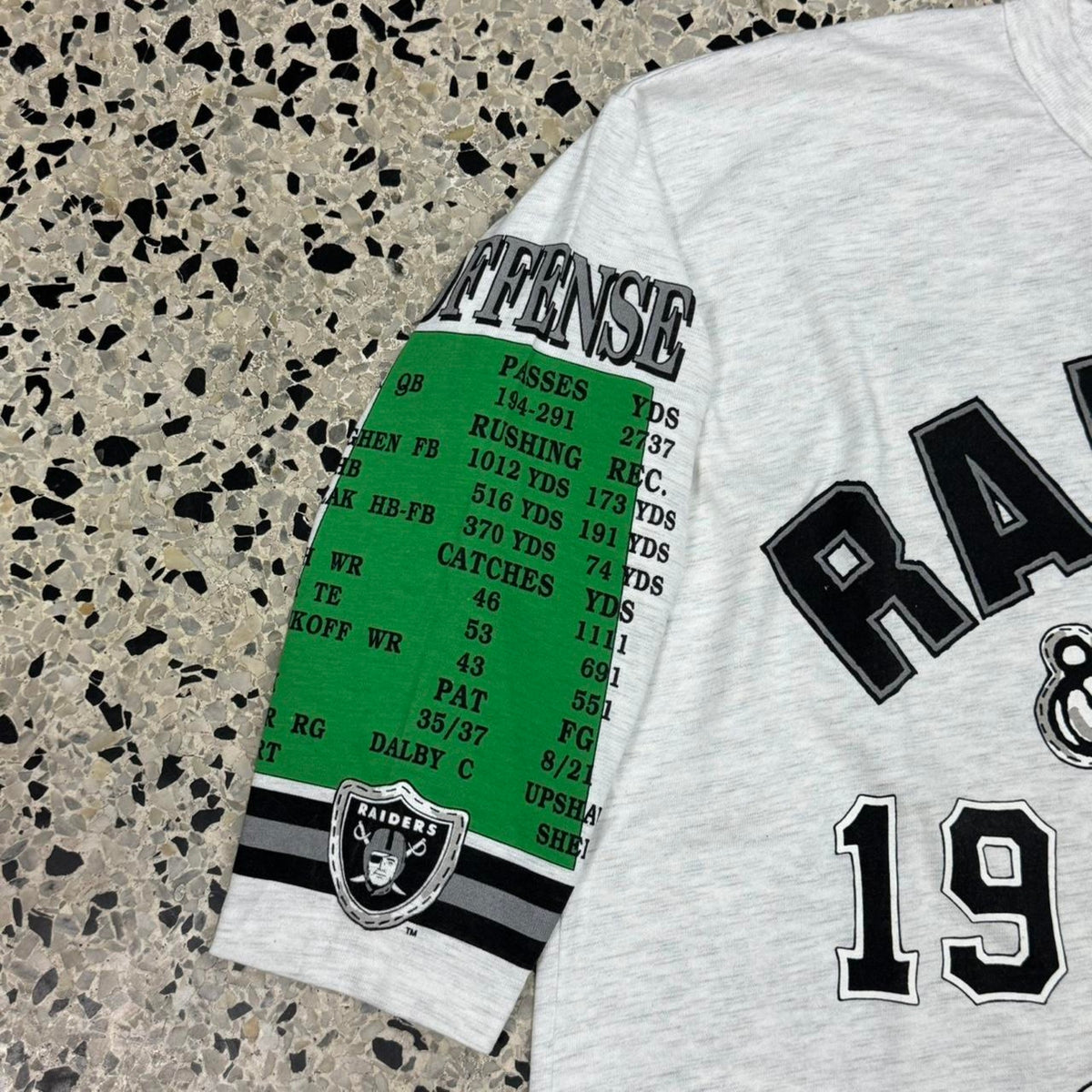 VINTAGE 90S SINGLE STITCH BNWT NOS LONG GONE RAIDERS AOP ¾ SLEEVE TEE: