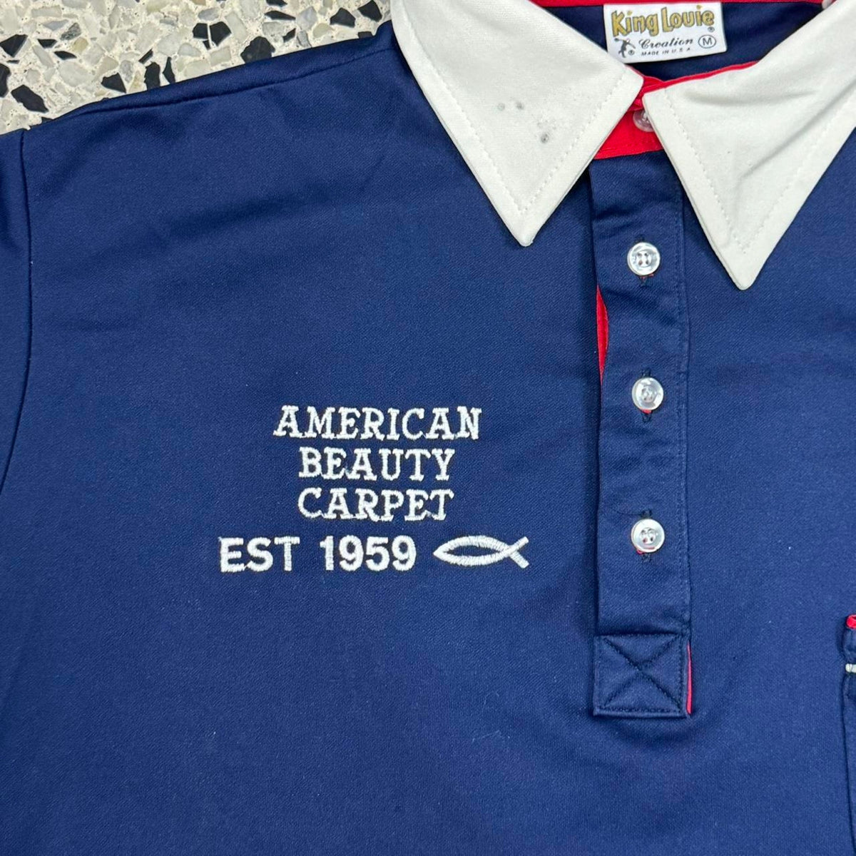 VINTAGE 70S KING LOUIE CREATION AMERICAN BEAUTY CARPET INC. BOWLING POLO SHIRT: