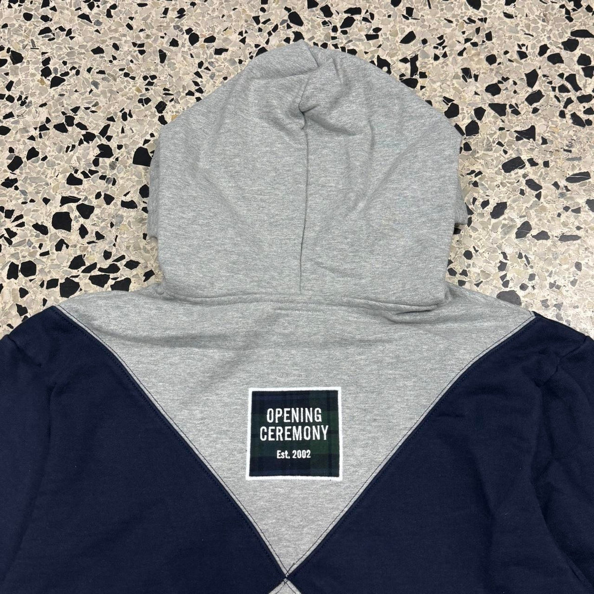 GAP X OPENING CEREMONY GRAY & NAVY COLORBLOCKED X PATTERN HOODIE: