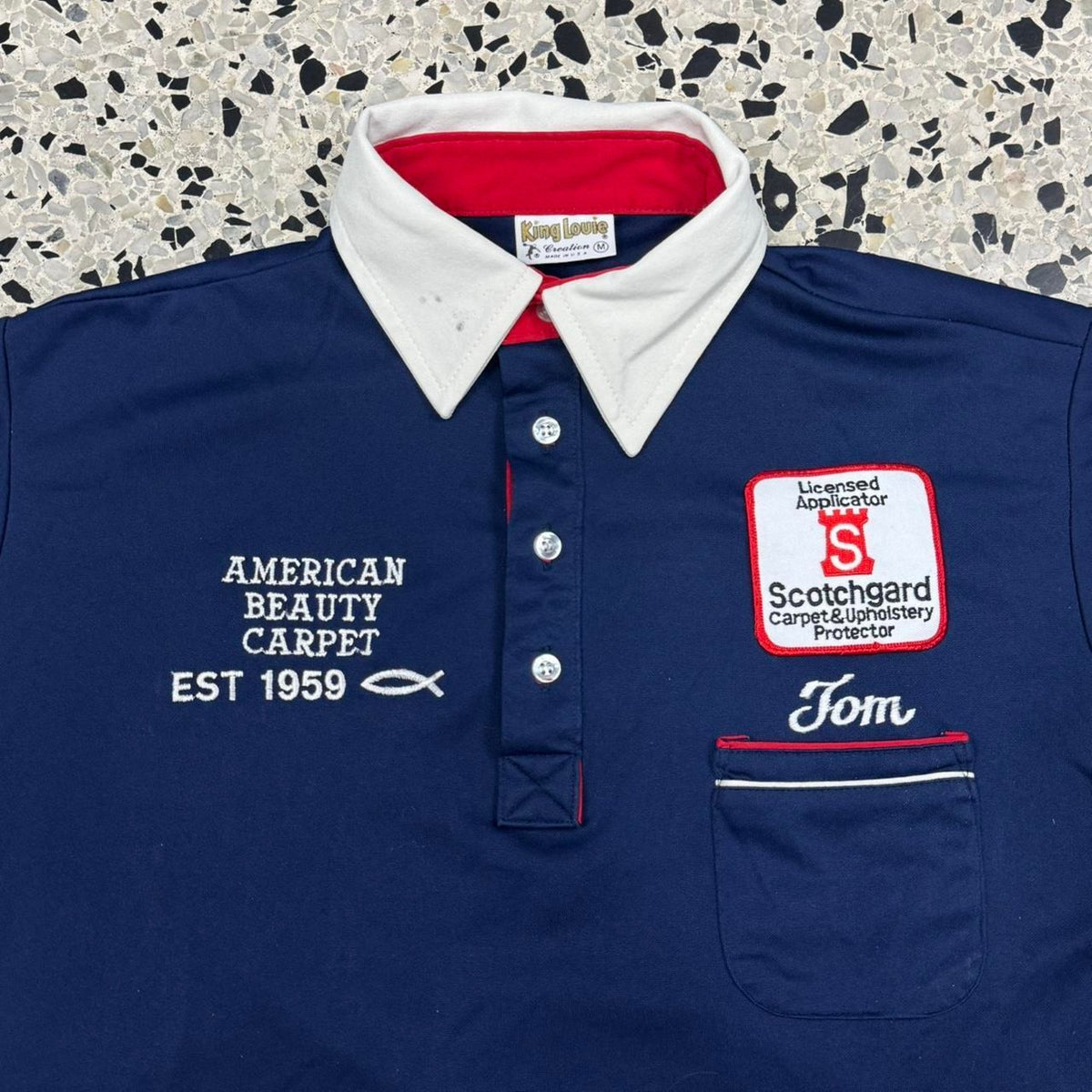 VINTAGE 70S KING LOUIE CREATION AMERICAN BEAUTY CARPET INC. BOWLING POLO SHIRT: