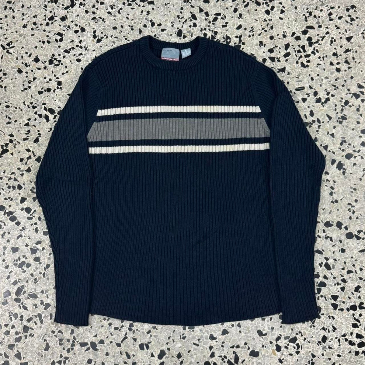 VINTAGE Y2K AEROPOSTALE STRIPED NAVY BLUE RIBBED CREWNECK SWEATER: