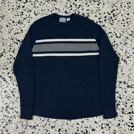 VINTAGE Y2K AEROPOSTALE STRIPED NAVY BLUE RIBBED CREWNECK SWEATER: