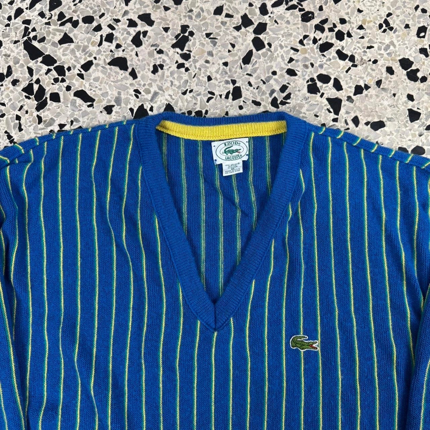VINTAGE 70S 80S IZOD LACOSTE MADE IN USA V NECK VERTICAL STRIPED SWEATER: