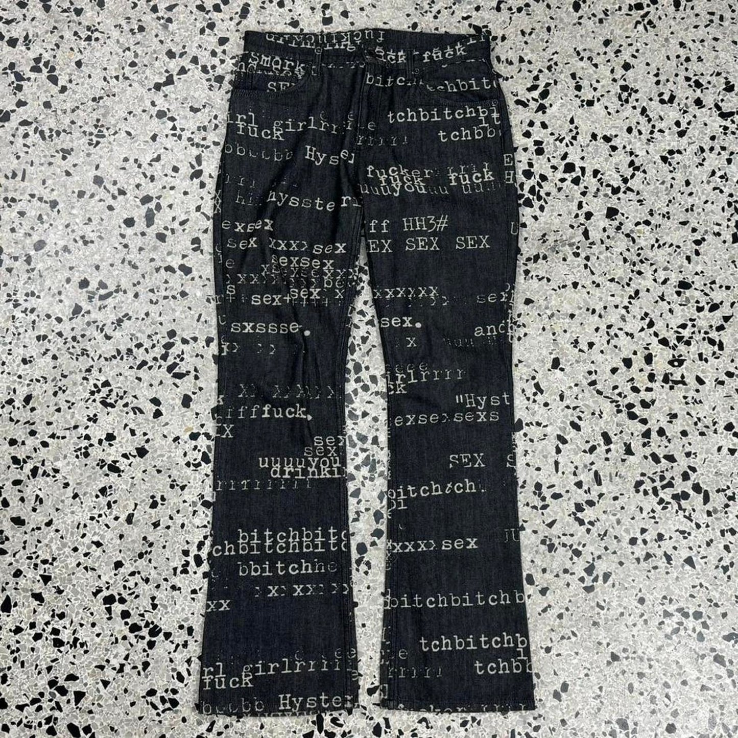 HYSTERIC GLAMOUR SS99 FUCK XXX SEX BITCH DENIM AOP PANTS: