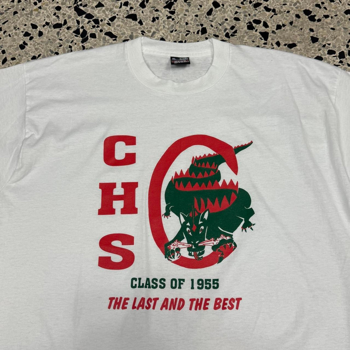VINTAGE 80S 90S SINGLE STITCH CHS DRAGONS CLASS OF 1955 REUNION TEE: