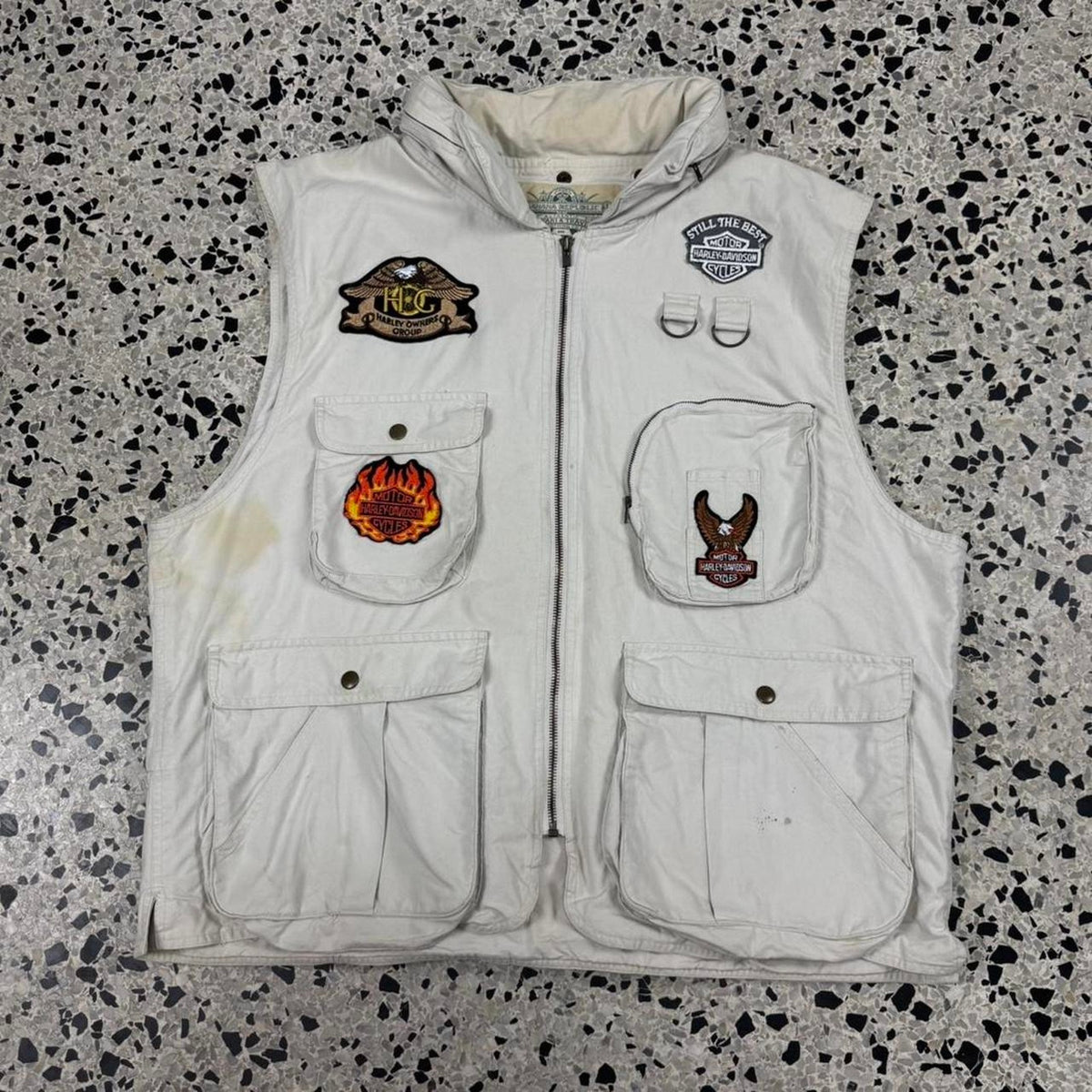 VINTAGE 90S Y2K CUSTOM HARLEY DAVIDSON HUNTING VEST W/ HOOD: