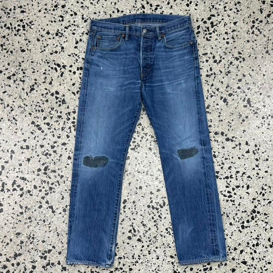 VINTAGE Y2K LEVIS 501 MADE IN USA WHITE OAK REPAIRED SELVEDGE DENIM JEANS: