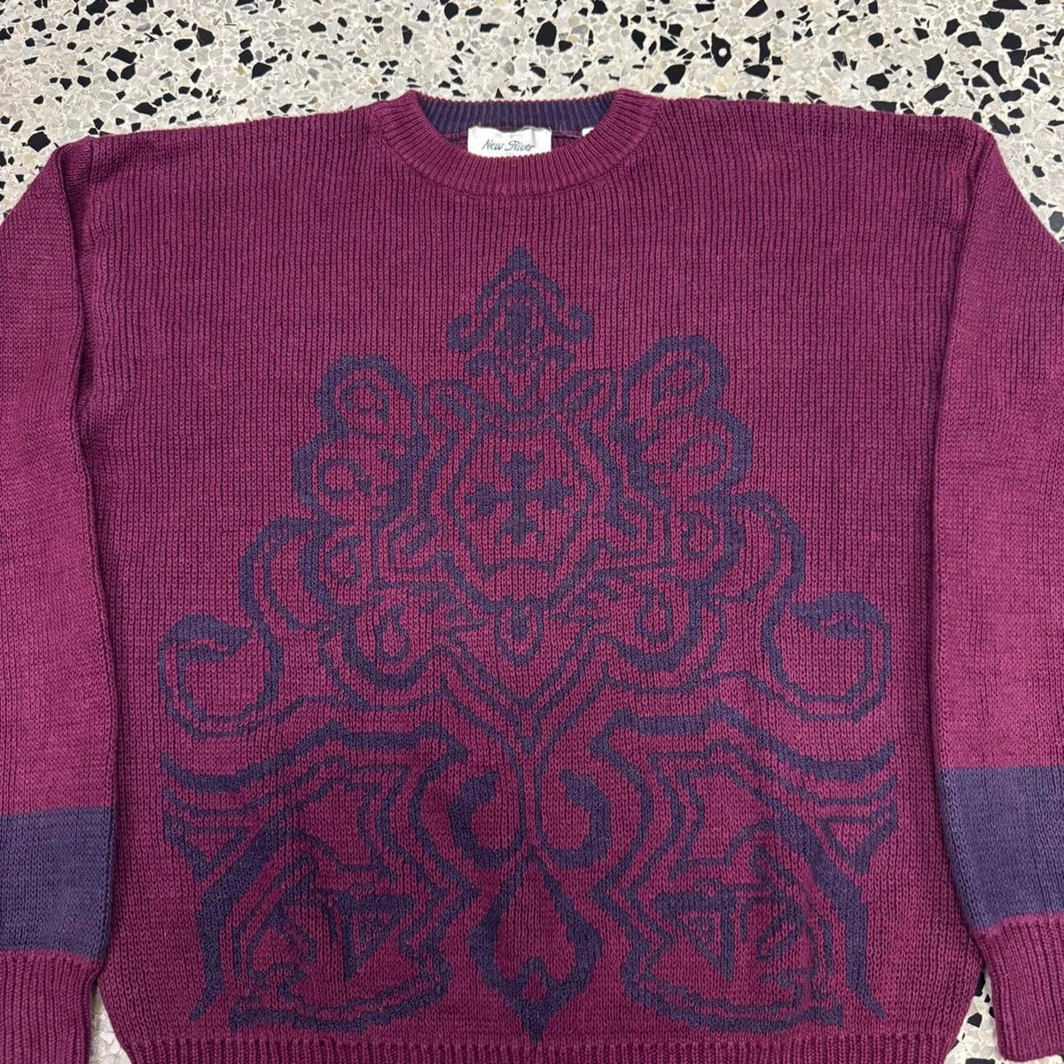 VINTAGE 90S NEW RIVER GEOMETRIC TRIBAL PATTERN KNIT SWEATER: