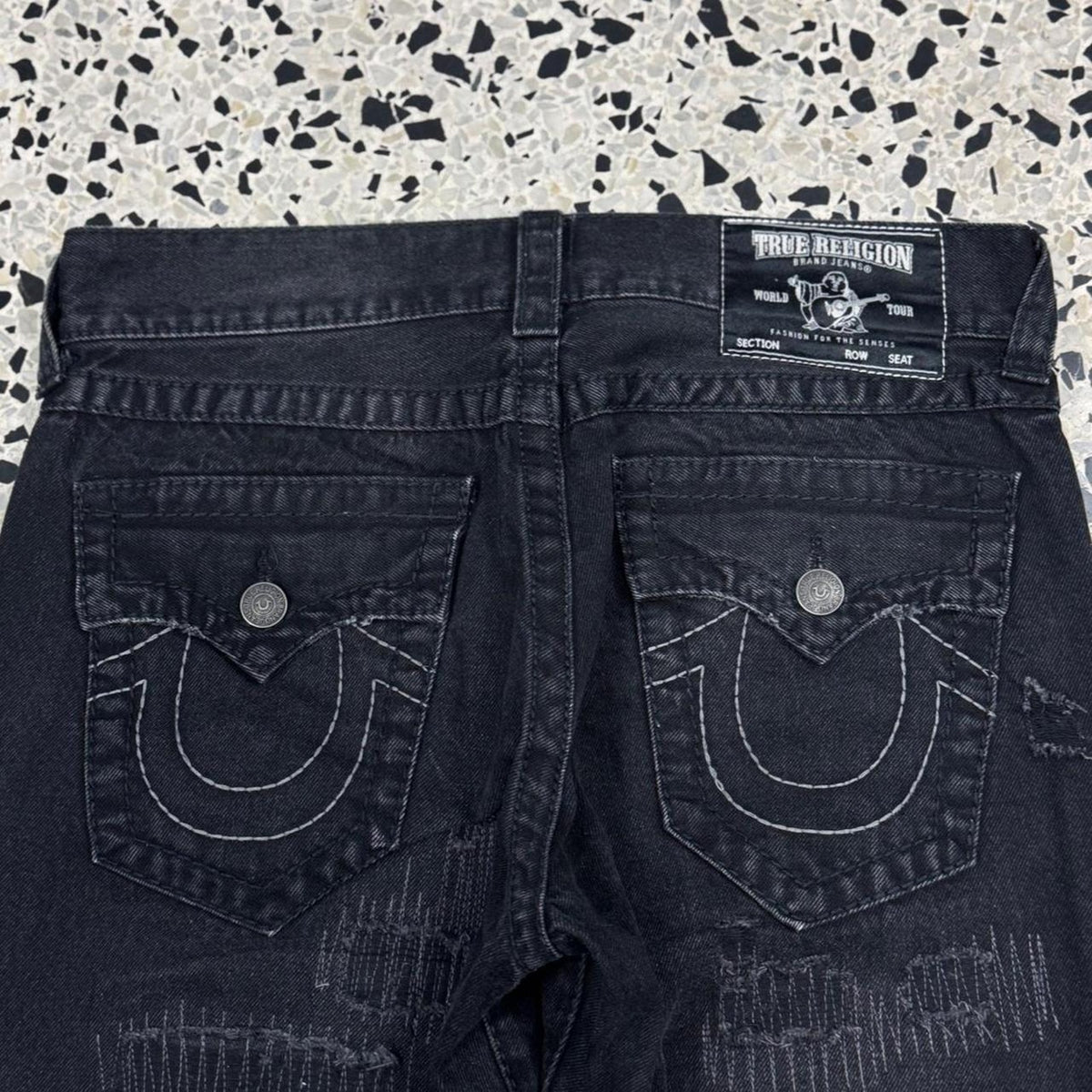 TRUE RELIGION RICKY RELAXED STRAIGHT PATCHWORK GRUNGE PUNK BLACK DENIM JEANS: