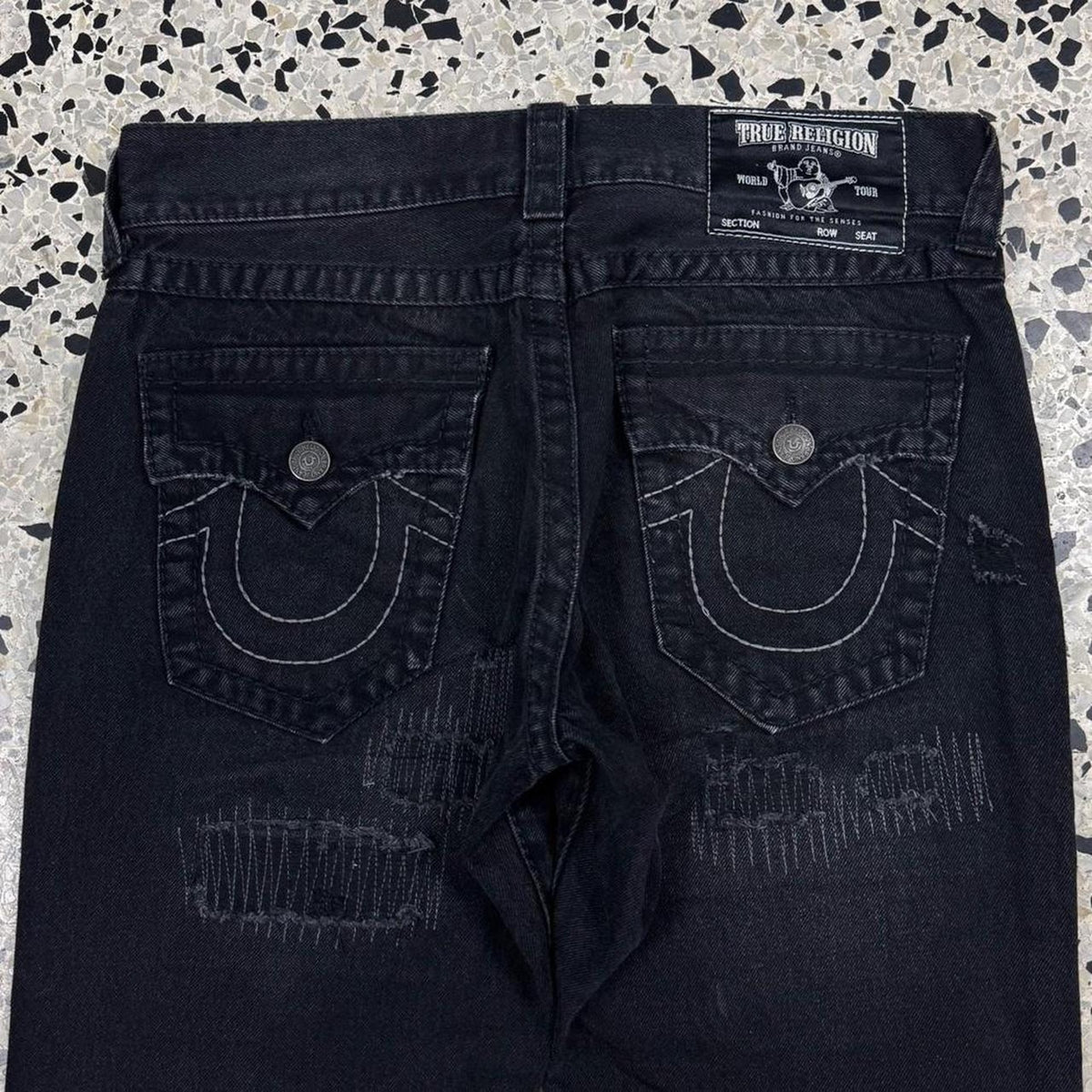 TRUE RELIGION RICKY RELAXED STRAIGHT PATCHWORK GRUNGE PUNK BLACK DENIM JEANS: