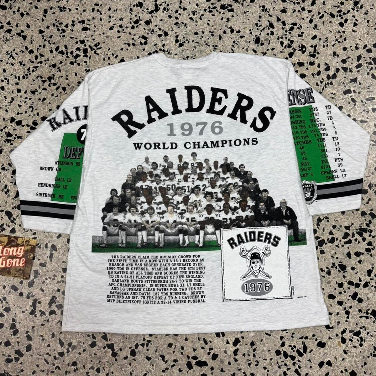 VINTAGE 90S SINGLE STITCH BNWT NOS LONG GONE RAIDERS AOP ¾ SLEEVE TEE: