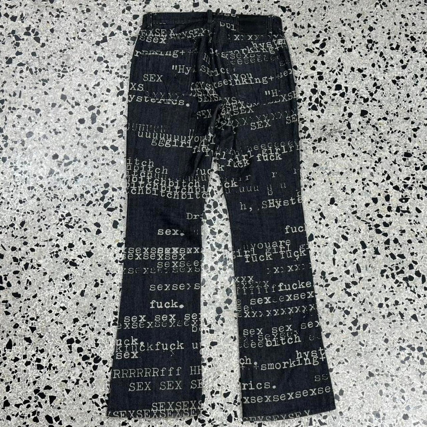 HYSTERIC GLAMOUR SS99 FUCK XXX SEX BITCH DENIM AOP PANTS: