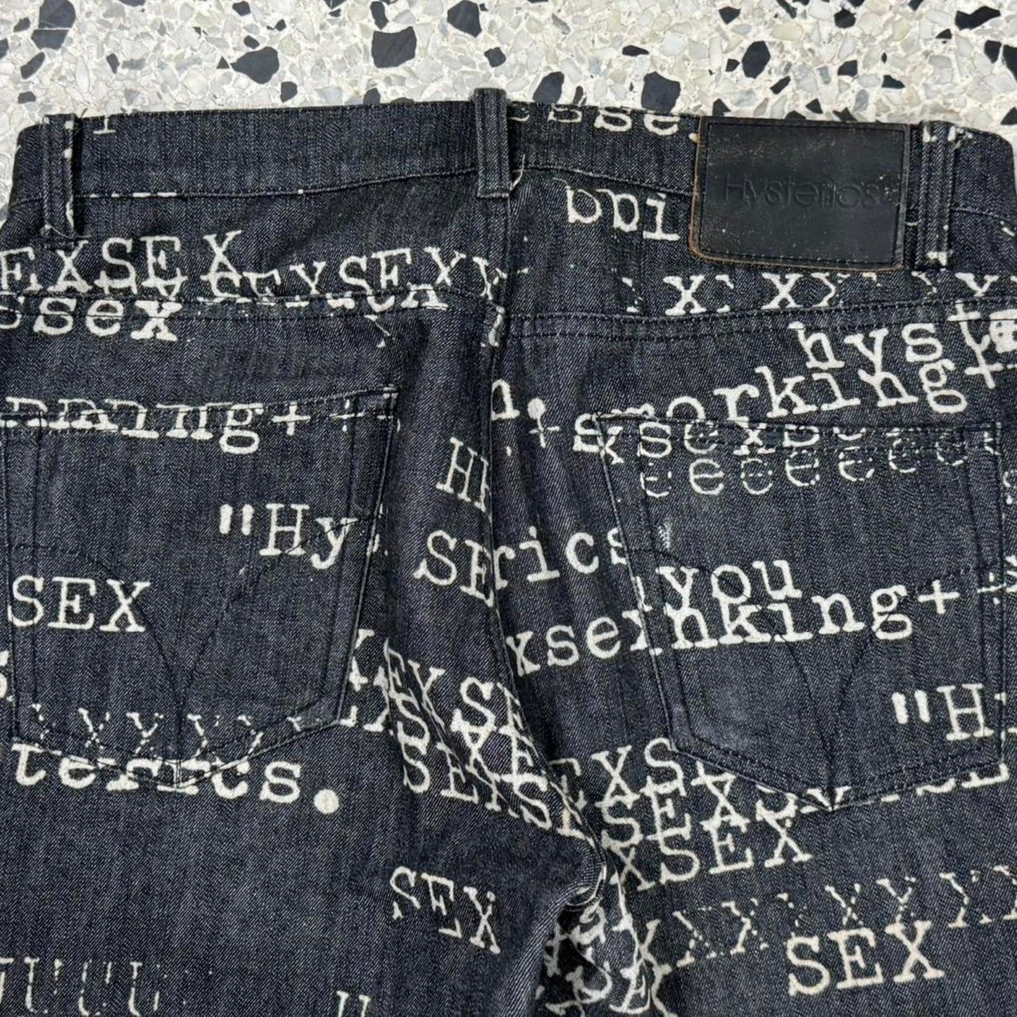 HYSTERIC GLAMOUR SS99 FUCK XXX SEX BITCH DENIM AOP PANTS: