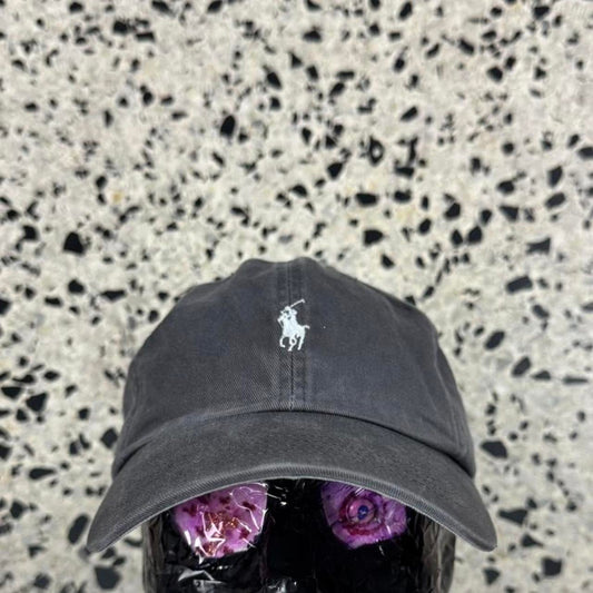 VINTAGE Y2K POLO BY RALPH LAUREN FADED BLACK STRAPBACK W/ LEATHER STRAP: