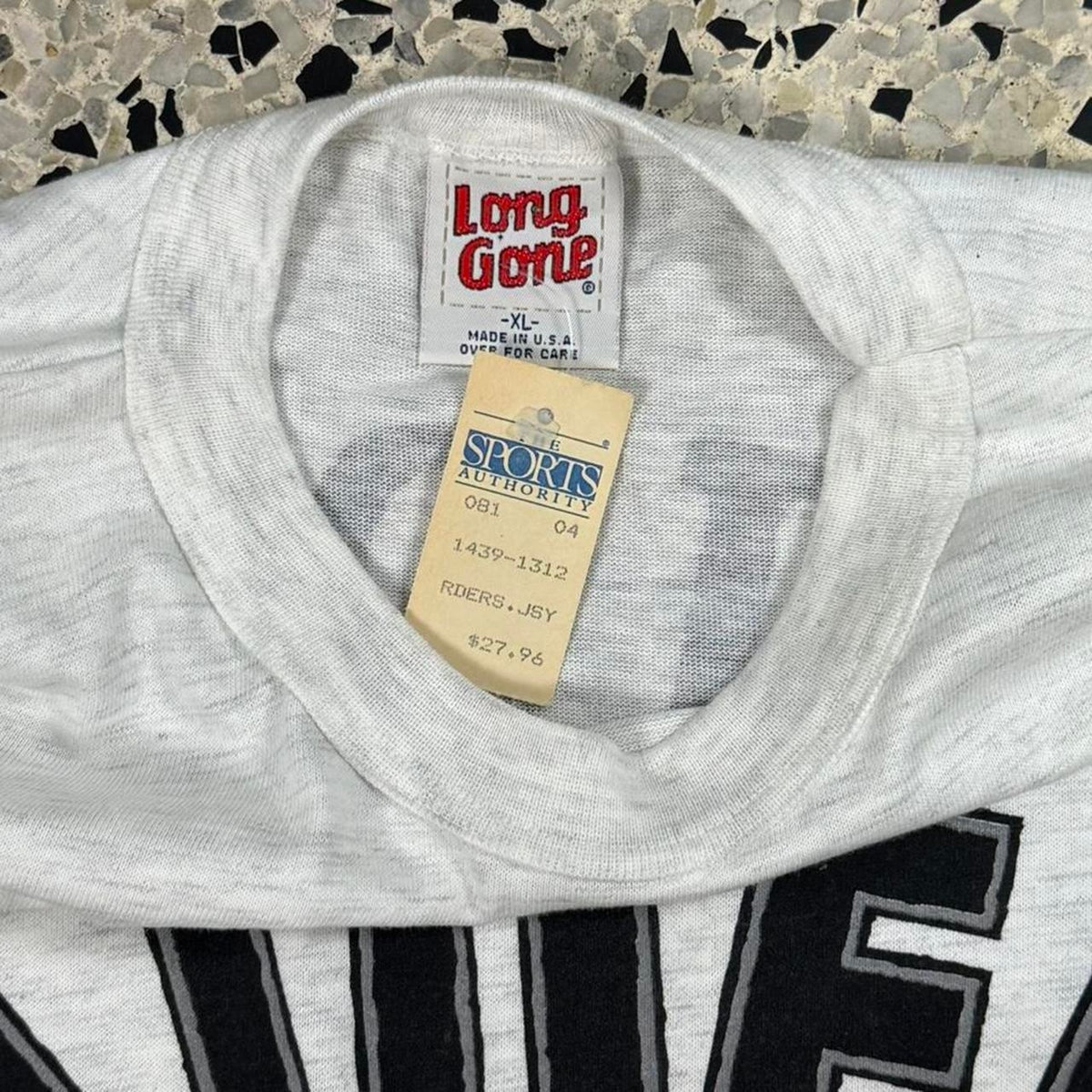 VINTAGE 90S SINGLE STITCH BNWT NOS LONG GONE RAIDERS AOP ¾ SLEEVE TEE: