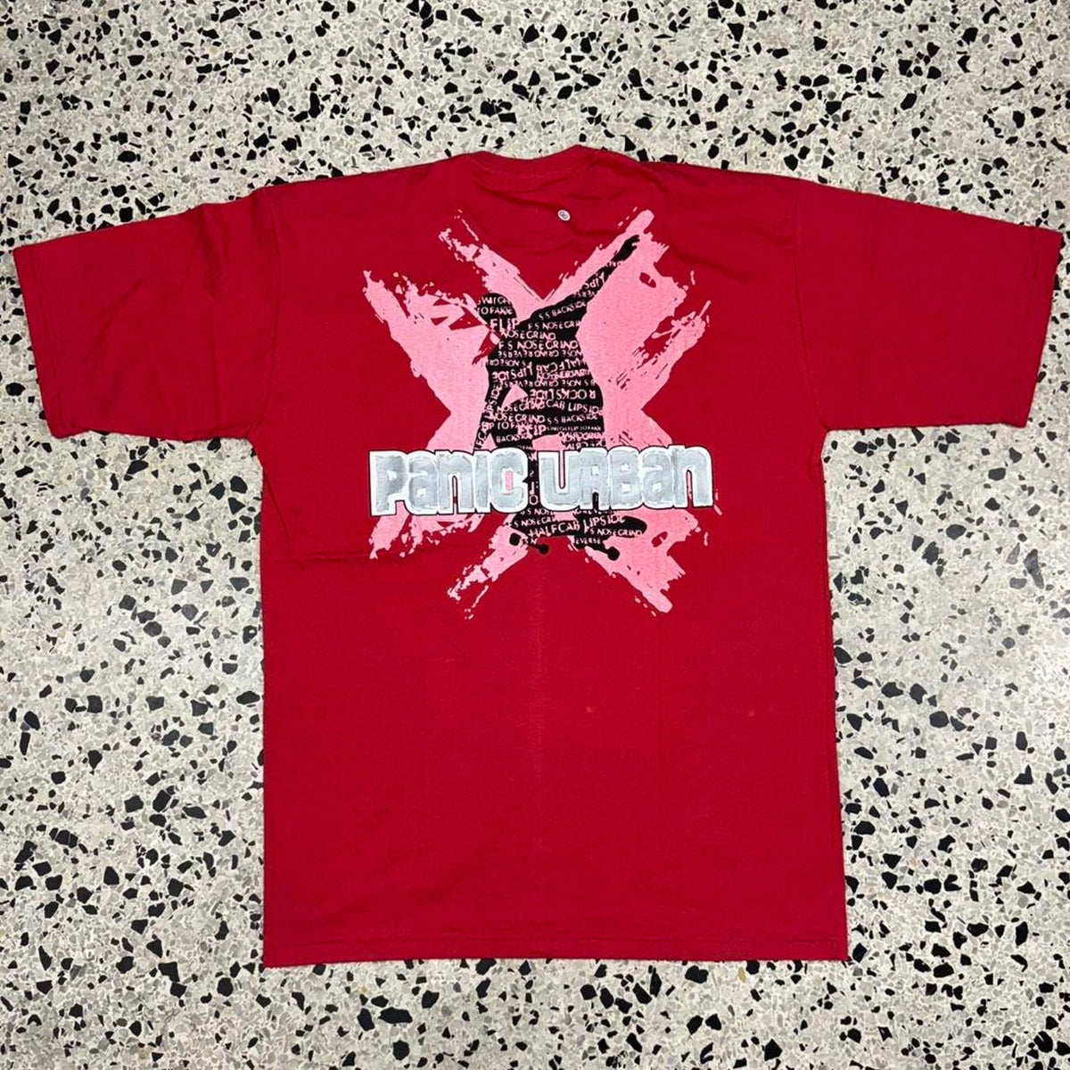 VINTAGE Y2K PANIC URBAN STREETWEAR DOUBLE SIDED SKATEBOARD TEE: