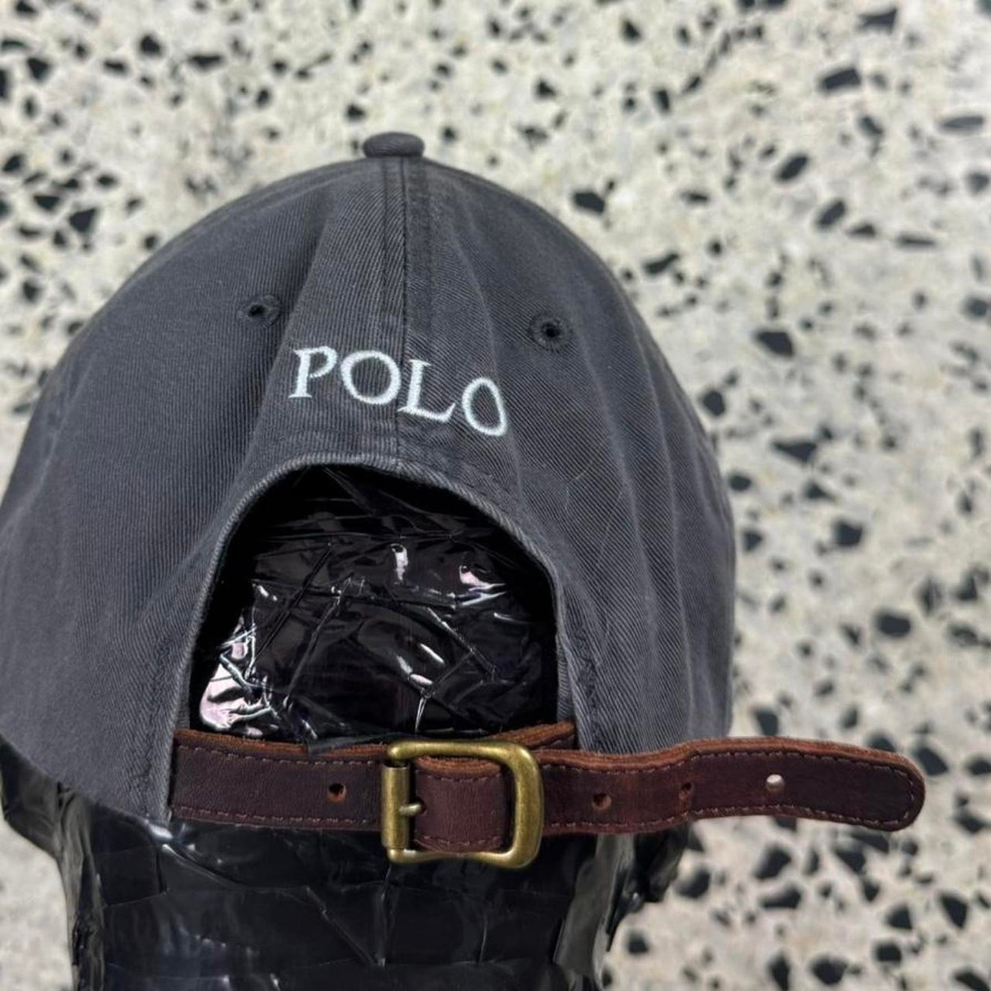 VINTAGE Y2K POLO BY RALPH LAUREN FADED BLACK STRAPBACK W/ LEATHER STRAP: