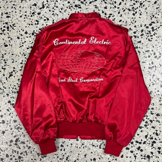 VINTAGE 90S CONTINENTAL ELECTRIC AND STEEL CORPORATION RED SATIN JACKET:
