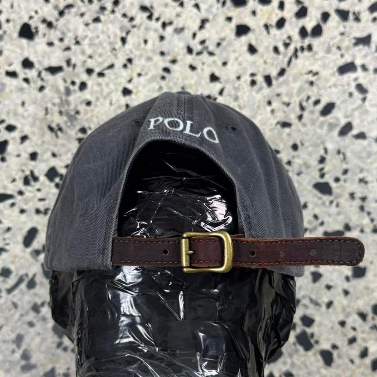 VINTAGE Y2K POLO BY RALPH LAUREN FADED BLACK STRAPBACK W/ LEATHER STRAP: