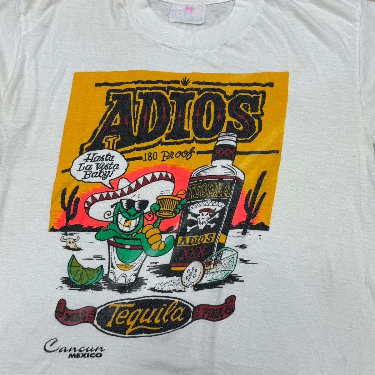 VINTAGE 90S SINGLE STITCH ADIOS TEQUILA 180 PROOF WORM CANCUN MEXICO TEE: