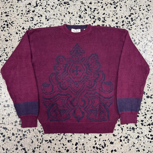 VINTAGE 90S NEW RIVER GEOMETRIC TRIBAL PATTERN KNIT SWEATER: