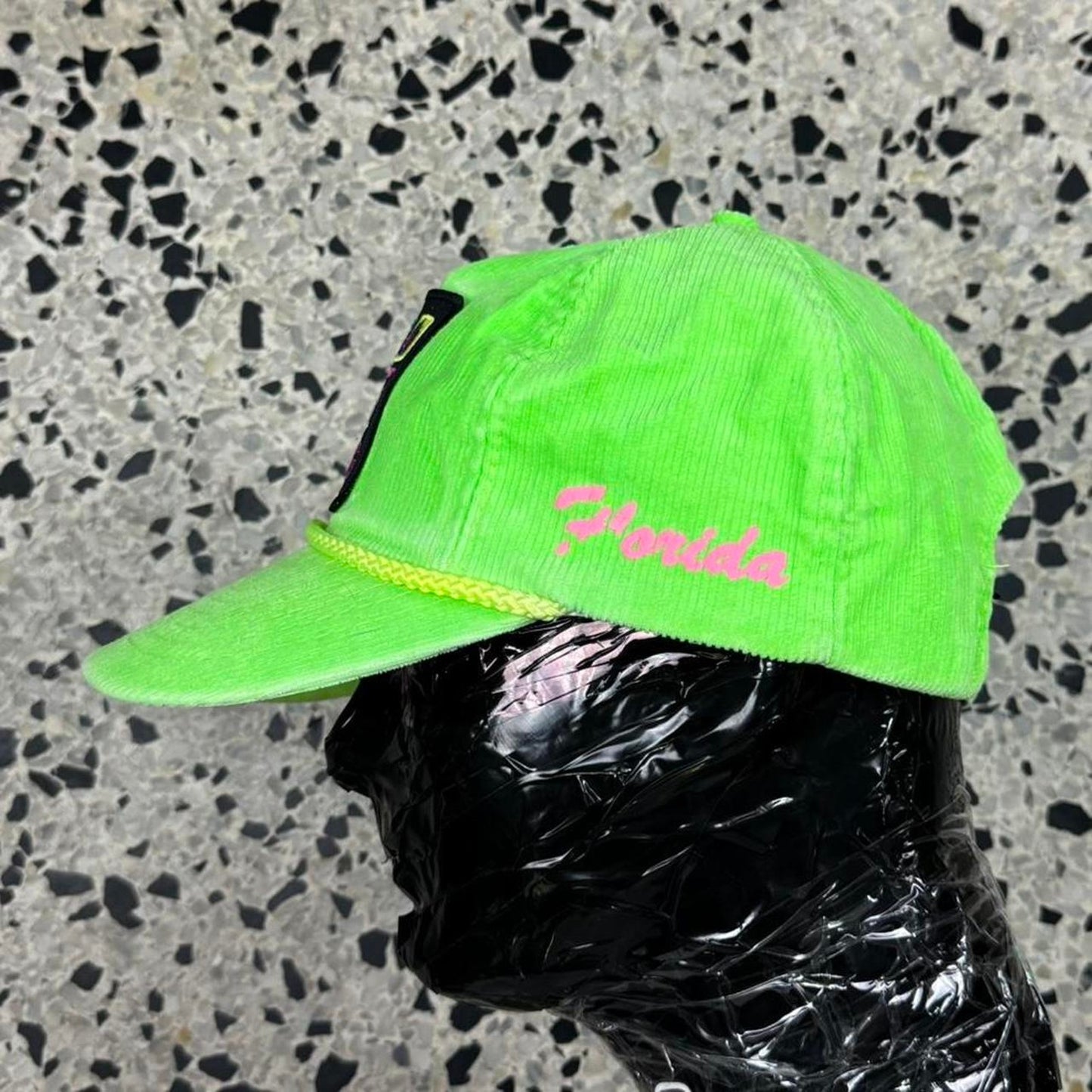 VINTAGE 90S HOT WILD THANG FLORIDA TOURIST CORDUROY LIME GREEN STRAPBACK HAT: