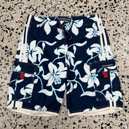 VINTAGE Y2K ABERCROMBIE & FITCH BLUE FLORAL CARGO SWIM TRUNK SHORTS:
