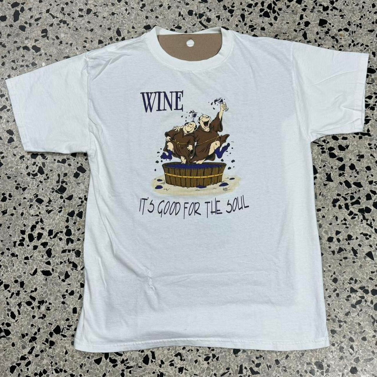 VINTAGE 90S Y2K  “WINE IS GOOD FOR THE SOUL” DRUNK MONK TEE: