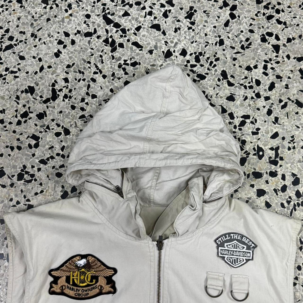 VINTAGE 90S Y2K CUSTOM HARLEY DAVIDSON HUNTING VEST W/ HOOD: