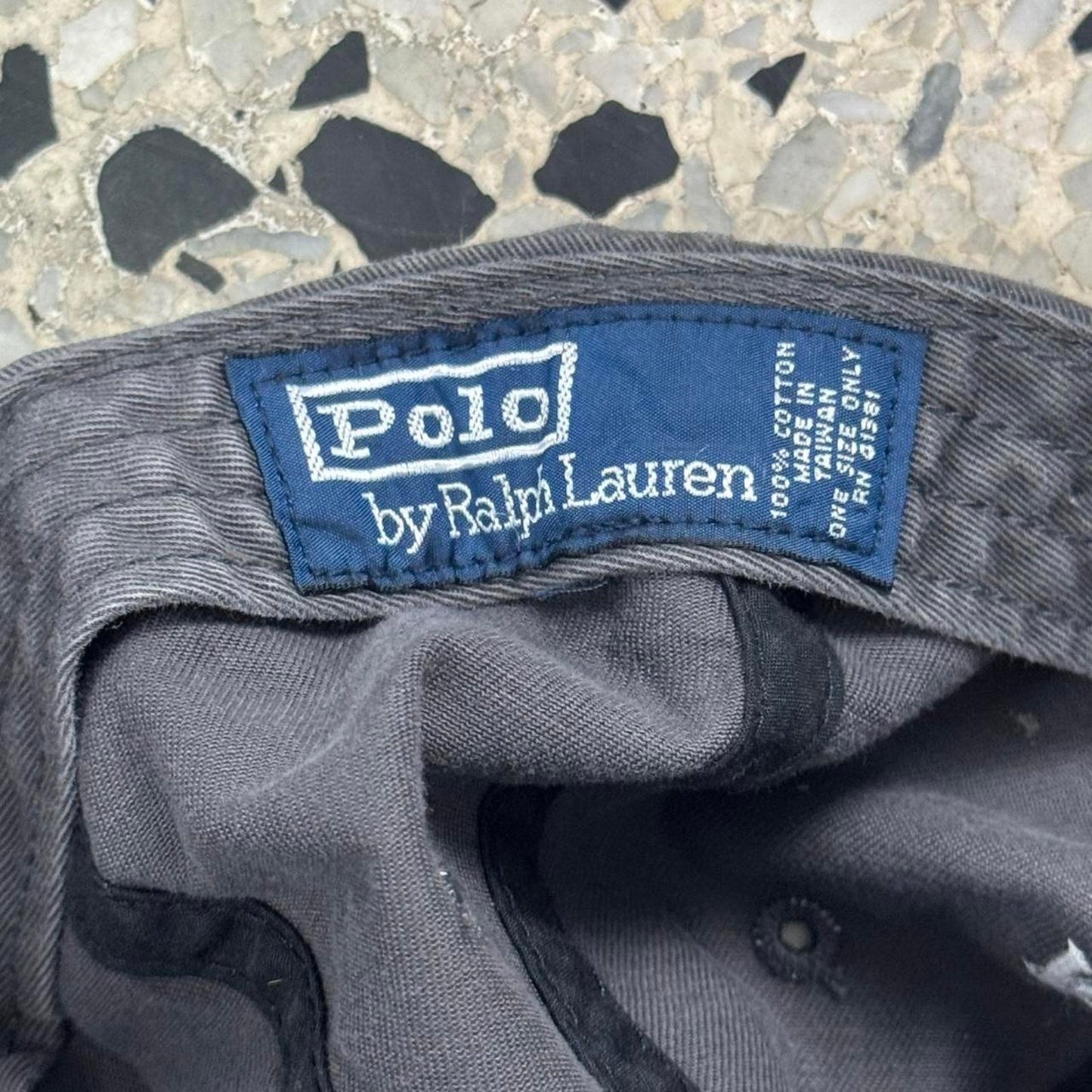 VINTAGE Y2K POLO BY RALPH LAUREN FADED BLACK STRAPBACK W/ LEATHER STRAP: