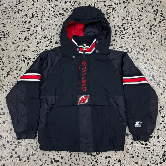VINTAGE 90S NEW JERSEY DEVILS STARTER PULLOVER ANORAK KIDS L HOODED JACKET: