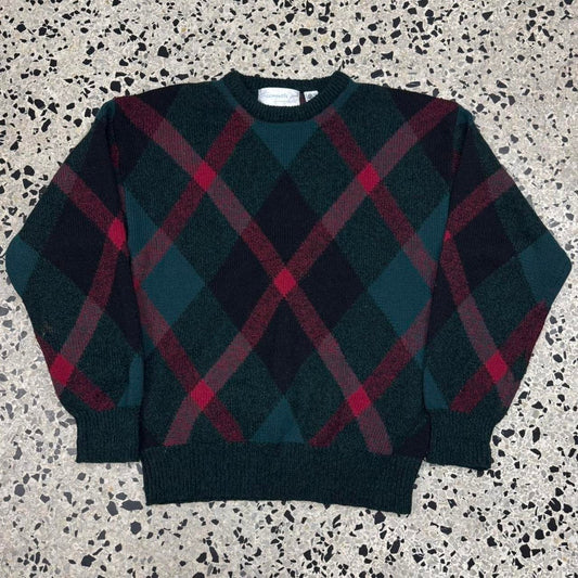 VINTAGE 90S FREEMANTLE 100% PURE WOOL PLAID FLANNEL PATTERNED SWEATER: