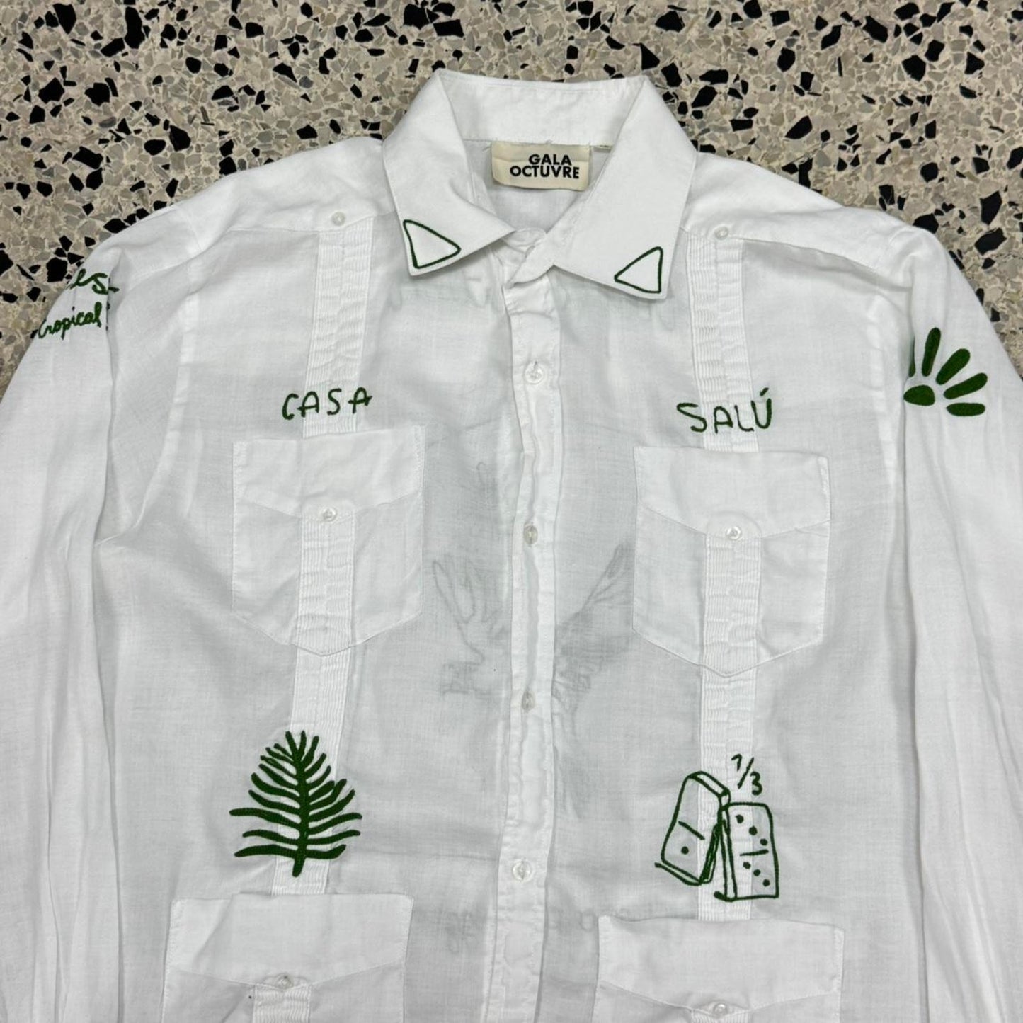 GALA OCTUVRE CHAIN STITCH GUAYABERA L/S BUTTON DOWN SHIRT: