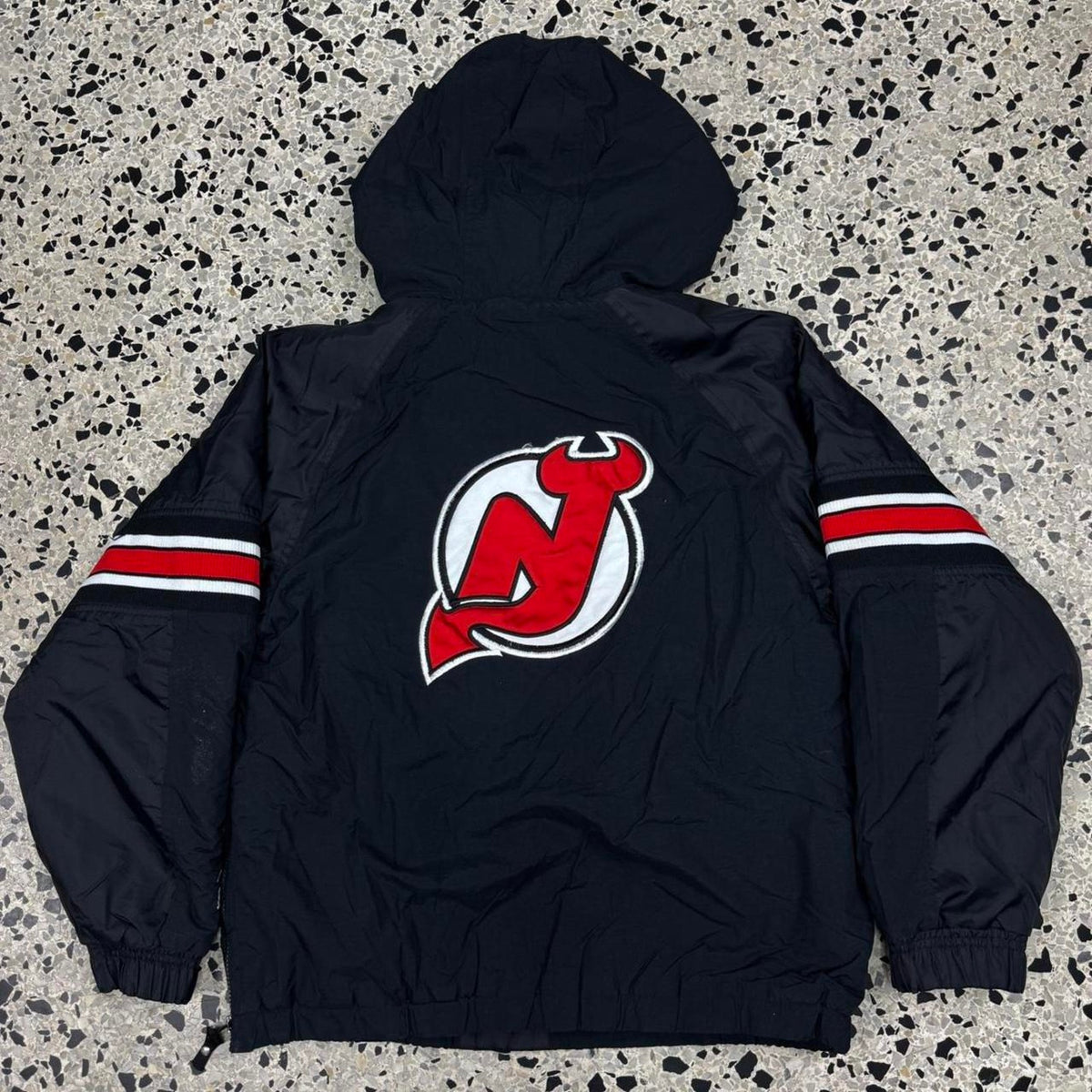VINTAGE 90S NEW JERSEY DEVILS STARTER PULLOVER ANORAK KIDS L HOODED JACKET: