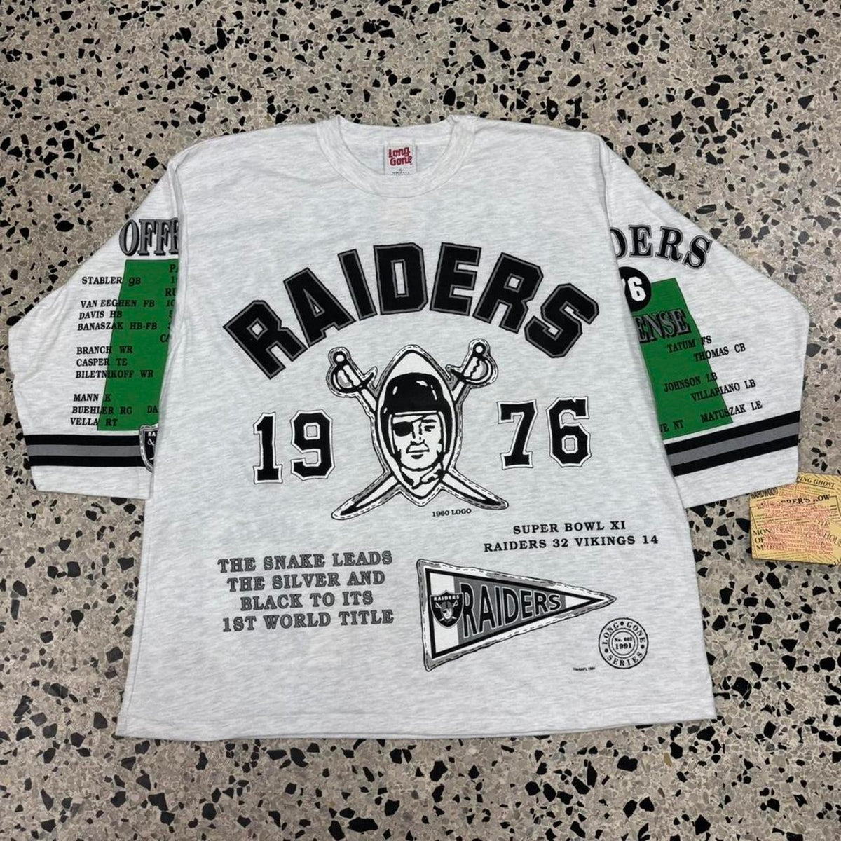 VINTAGE 90S SINGLE STITCH BNWT NOS LONG GONE RAIDERS AOP ¾ SLEEVE TEE: