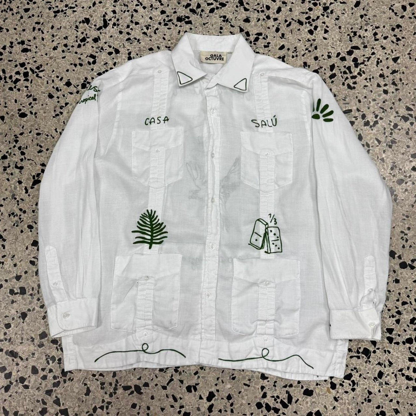 GALA OCTUVRE CHAIN STITCH GUAYABERA L/S BUTTON DOWN SHIRT: