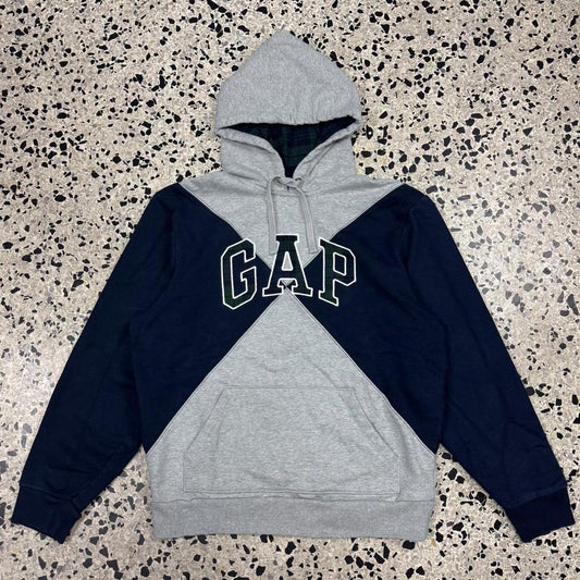 GAP X OPENING CEREMONY GRAY & NAVY COLORBLOCKED X PATTERN HOODIE: